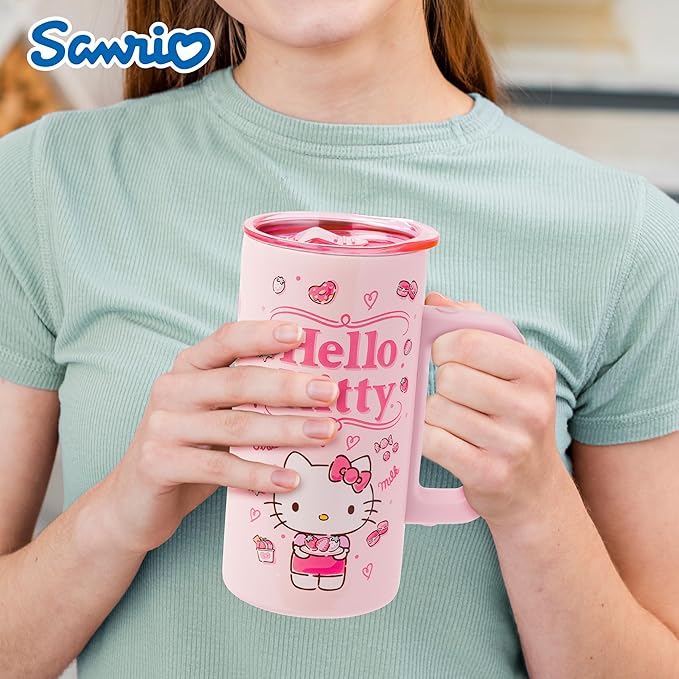 Silver Buffalo Sanrio Hello Kitty Strawberry Milk Double Wall Stainless Steel Travel Mug With Handle, 15 Ounces