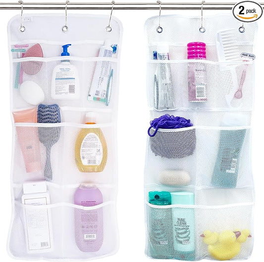 S&T INC. Shower Organizer, Shower Caddy or Bathroom Organizer with Quick Drying Mesh, 7 Pockets to Hold Shampoo, Soap, Loofah, and Cruise Ship Essentials, 14 Inch by 30 Inch, White, 2 Pack