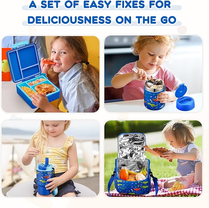 Lunch Box Set with Bento Box Container, 17OZ Stainless Steel Food Soup Thermo, Kids Water Bottle & Portable Insulated Lunch Bag, Leakproof, Hot/Cold Retention for School, Travel (Dinasour)