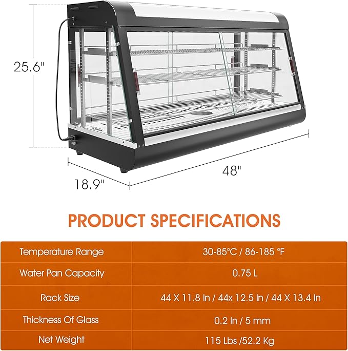 Whalefall 3-Tier Food Warmers Countertop, 48" Commercial Warm for Food Pizza Warmer w/ 3D Heating with Stainless Frame Sliding Glass Doors Pastry Display Case for Buffet Restaurant