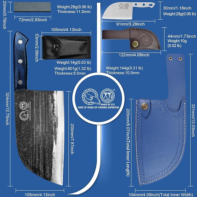 XYJ Authentic Since 1986,Ancient Forged Butcher Knives,Serbian Chef Knife With Sheath,Tiny Knife,Chinese Vegetable Meat Cleaver For Kitchen Camping Outdoor,Full Tang,High Carbon Steel (7.5 inch)