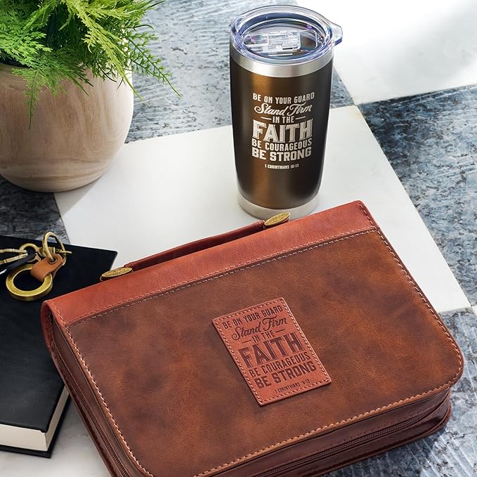 Christian Art Gifts Stainless Steel Double Wall Vacuum Insulated Tumbler 18 oz Brown Travel Mug with Retractable Lid for Women & Men Inspirational Bible Verse - Stand Firm -1 Corinthians 16:13
