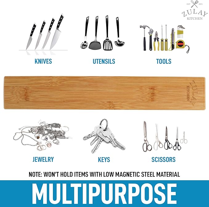 Zulay 11.75" Seamless Bamboo Wood Magnetic Knife Holder - Wooden Magnetic Knife Strip for Organizing your Kitchen - Elegant & Multifunctional Magnet Holder for Wall with Easy Installation