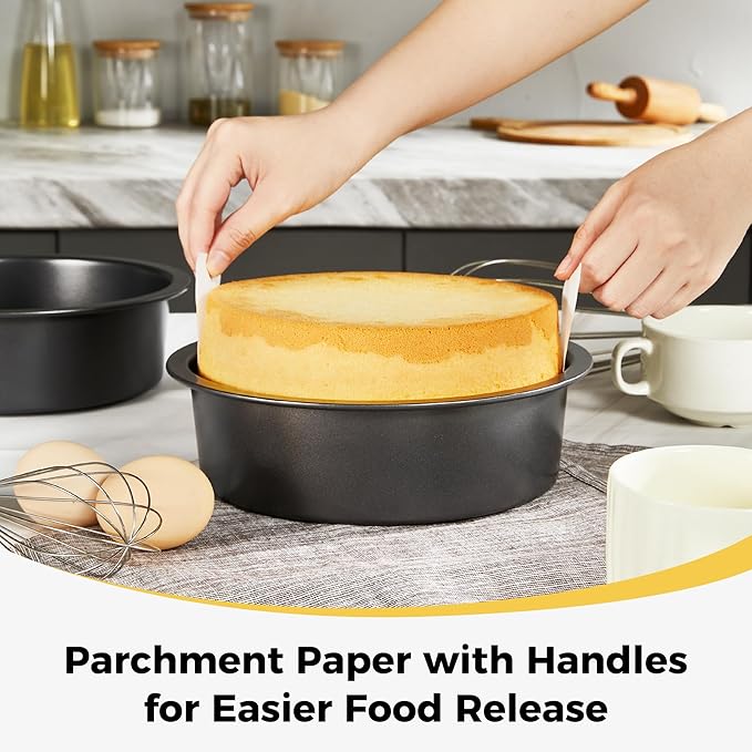 HONGBAKE 8 Inch Round Cake Pan Set for Baking with 60 Pieces Parchment Paper, Nonstick Deeper Circle Cake Pans Set of 2, Layer Cake Tin, Cheesecake Mold, Huty Duty - Grey