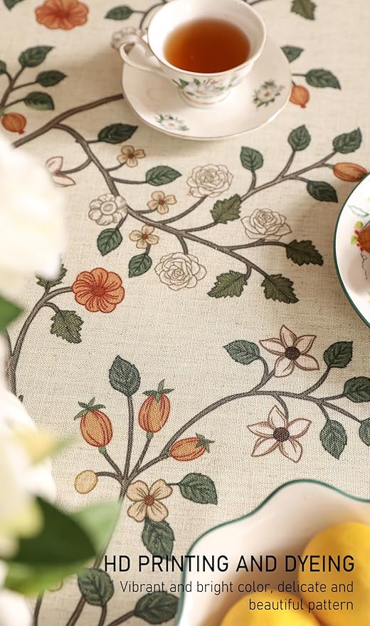 ISAENNE Designer Floral Small Rectangle Tablecloth,French Linen Light Beige Indoor Table Cloth,Fall Wrinkle Resistant Decor Tablecloths for Dining Thanksgiving Kitchen,55"*71"-Flora A