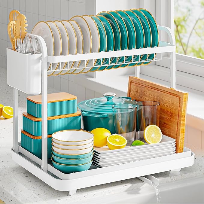2-Tier Dish Drying Rack - Stainless Steel Dish Rack with Cutlery & Utensil Holders for Kitchen Counter, Sink Organization and Storage Essentials, Home Decor, 15" W x 11.4" L x 15" H, White