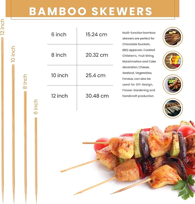 DecorRack 10" Natural Bamboo Skewers Sticks, 100 Wood Skewers for Grilling, BBQ, Kabob, Appetizers, Fruits, Smores, Cocktail, Brunch, Fondue Sticks, Barbeque, DIY Crafting, 10 inch (100 pack)