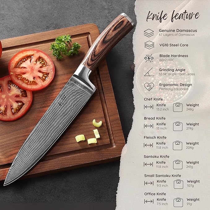 Wakoli EDIB 6-Piece Damascus Knife Set – Professional Chef Knives Set with VG10 Core Blades, 67-Layer Damascus Steel and Ergonomic Pakkawood Handles – Premium Kitchen Knives in Wooden Gift Box