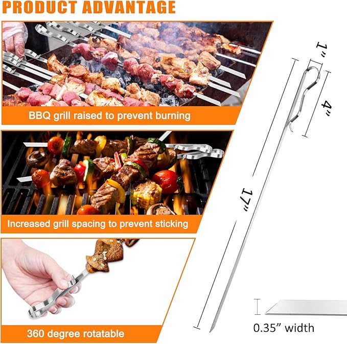 Stainless Steel Shish Kabob Skewers - 17' Long, 0.35' Wide BBQ Skewers (Set of 6) + 2 Grill Racks + 1 Storage Case