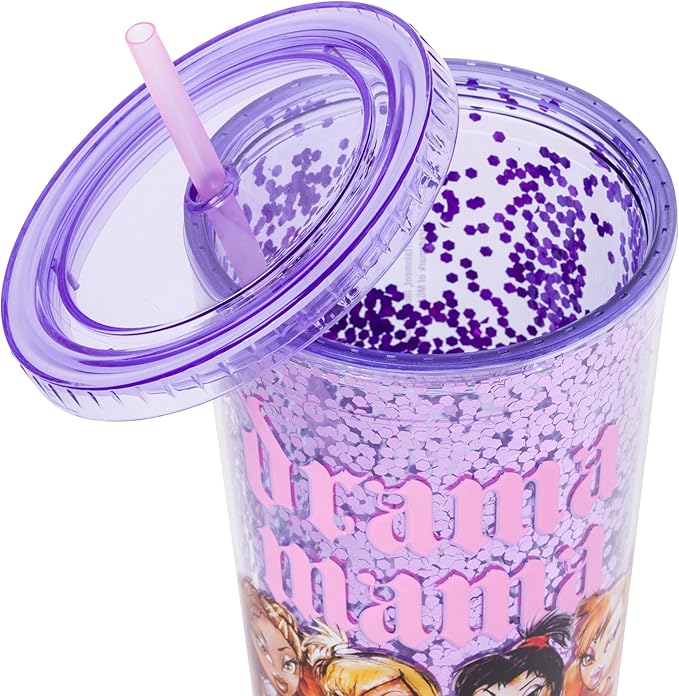 Silver Buffalo Bratz Drama Mama Featuring Cloe, Yasmin, Jade, and Sasha Plastic Confetti Cold Cup with Lid and Straw, 32 Ounces