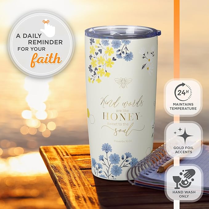 Christian Art Gifts Stainless Steel Scripture Tumbler Travel Mug for Women: Kind Words Bible Verse, Cute Bumble Bee, Double-wall Vacuum Insulated, Lid, Hot/Cold, Creamy White Multicolor Floral, 18oz.