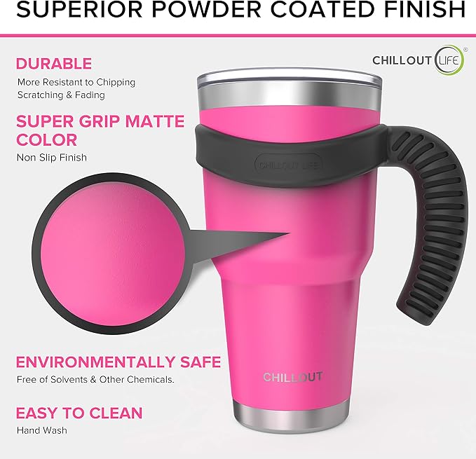 Stainless Steel Travel Mug with Handle 30 oz - 6 Piece Set. Tumbler with Handle, Straw, Cleaning Brush & 2 Lids. Double Wall Insulated Large Coffee Mug Bundle - Hot Pink Powder Coat Tumbler