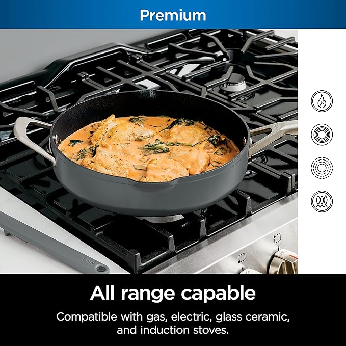 Ninja Foodi NeverStick 4 Quart Pan with Lid, Strainer, & Spatula, Oven Safe, Sea Salt Grey