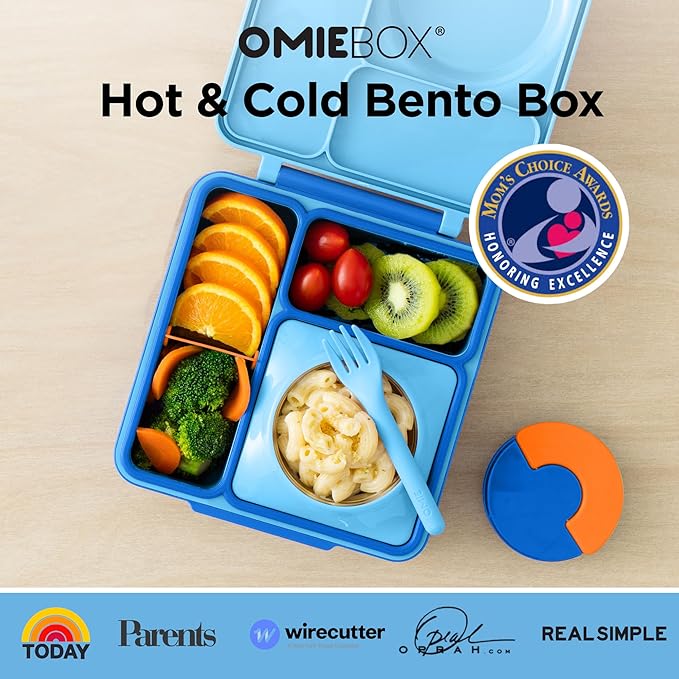 OmieBox Bento Box for Kids - Insulated Bento Lunch Box with Leak Proof Vacuum Insulated Food Jar - 3 Compartments, Two Temperature Zones (Blue Sky)