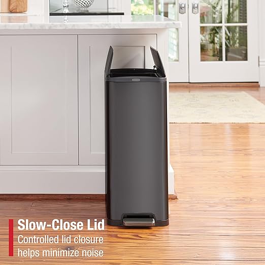 Rubbermaid Elite Stainless Steel Slim Step-On Trash Can 12 Gallon Charcoal Wastebasket for Home/Kitchen/Garage/Apartment/Office