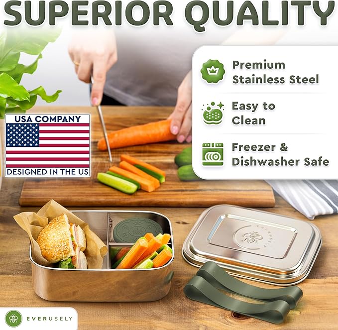 Everusely - Bento Box - Sage, 37oz / 1.1 L - Stainless Steel Lunch Box with Leakproof Condiment Container - 3 Compartment Snack Organizer for On the Go Meals - Freezer & Dishwasher Safe