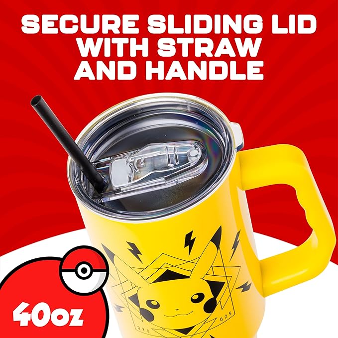 Silver Buffalo Pokémon Lightning Stainless Steel Tumbler with Handle Featuring Pikachu, Fits in Standard Cup Holder, 40 Ounces
