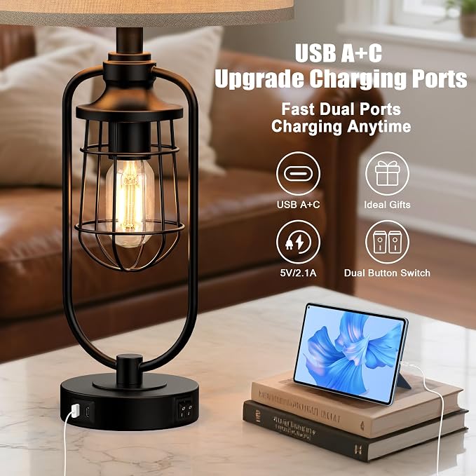 24" Farmhouse Table Lamps for Living Room Set of 2, Industrial Bedside Lamp for - Image 3