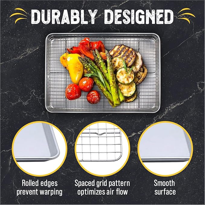 Checkered Chef Baking Sheets for Oven - Quarter Sheet Pan with Stainless Steel Wire Rack Set 2 Pack - Easy Clean Cookie Sheets, Aluminum Bakeware