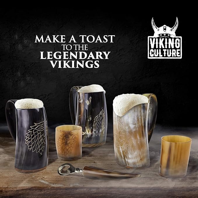 Viking Culture Ox Horn Mug, Shot Glass, and Bottle Opener (3 Pc. Set) Authentic 16-oz. Ale, Mead, and Beer Tankard | Vintage Stein with Handle | Custom Intricate Design - Natural Finish | The Ring