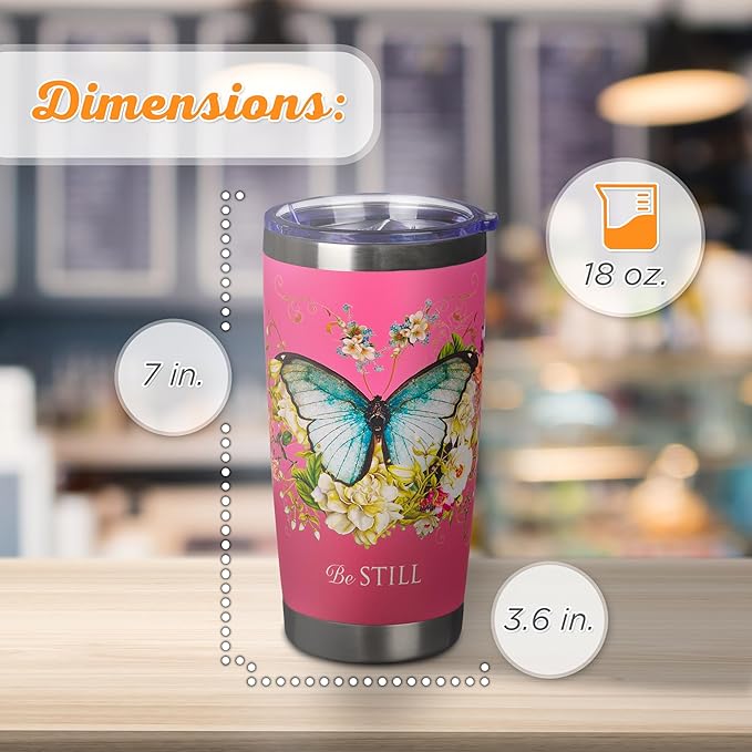 Christian Art Gifts Stainless Steel Double Wall Vacuum Insulated Travel Mug 18 oz Butterfly Pink BPA-free Tumbler with Retractable Lid Inspirational Scripture for Women - Be Still -Psalm 46:10