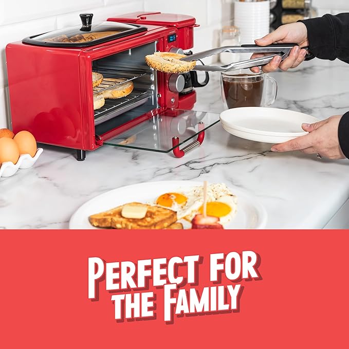 Nostalgia 3-in-1 Retro Breakfast Station - Includes 5 Cup Coffee Maker, Non-Stick Ceramic Griddle, and 4-Slice Toaster Oven - Built-In Timer, Reusable Coffee Filter, Space-Saving Design - Red