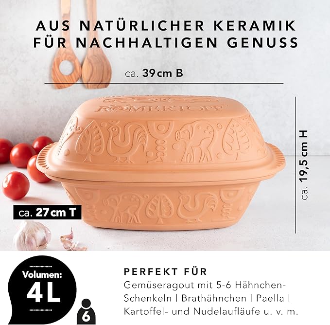 Romertopf Clay Roaster | Non-Stick Dutch Oven | Healthy Pot Cooking | Clay Baker | Versatile Cooking Vessel - 4.2 Quart (4 Liters) For Up To 6 People