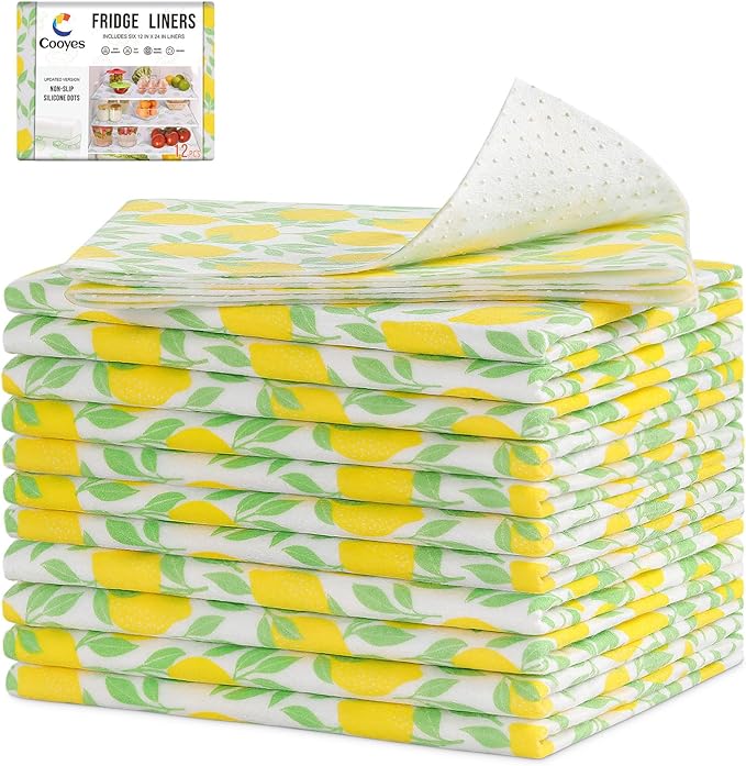 Cooyes 12 Pack Polyester Shelf Liners for Kitchen Cabinets, 12" × 24", Non-Slip Refrigerator Liners Machine Washable, Refrigerator Drawer Mats for Glass Shelves and Kitchen Cabinets