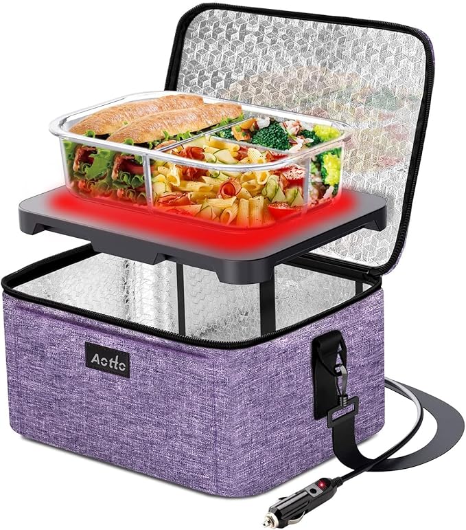 Aotto Portable Oven Electric Lunch Box Food Heater - 12V/24V 2-in-1 Car Food Warmer, Heated Lunch Box for Adults, Cook, Reheat, and Keep Meals Warm for Car, Truck, Travel - Purple