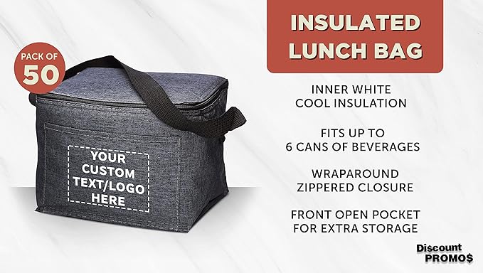 Custom Insulated Cooler Lunch Bag Set of 50, Personalized Bulk Pack - Perfect for Work, Travel, Outdoor Events - Black