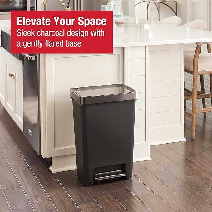 Rubbermaid Premier Series IV Step-On Trash Can for Home and Kitchen, 12.4 Gallon, Stainless Steel Lid Charcoal, for Home/Kitchen/Garage/Apartment/Office