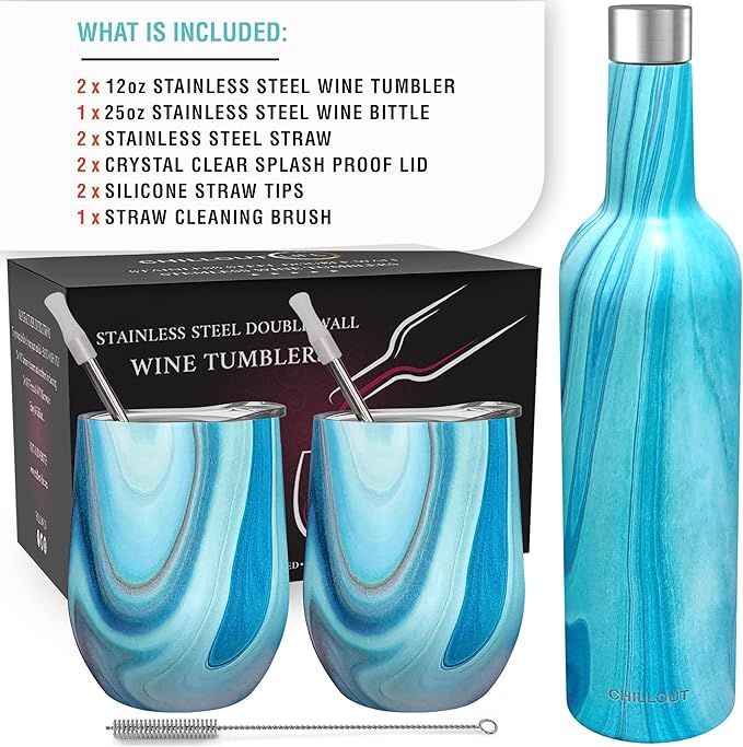 CHILLOUT LIFE 12 oz Stainless Steel Wine Tumblers 2 Pack & 1 Insulated Wine Bottle - Double Wall Vacuum Insulated Wine Glasses Cups with Lids and Straws Set Keeping Cold & Hot Gift Set