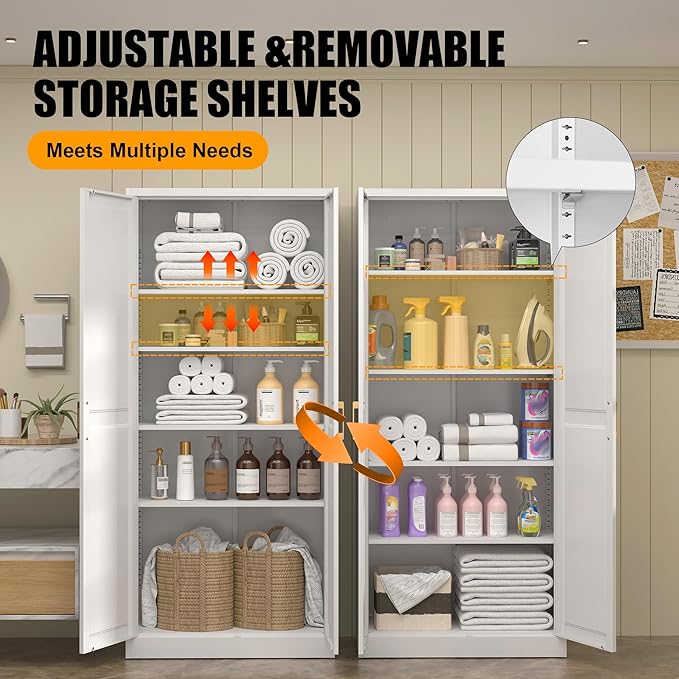 71" Tall Metal Storage Cabinet, Kitchen Pantry Storage Cabinets with Doors and 4 Shelves, White Pantry Cabinet, Utility Kitchen Cupboard, Large Steel Cabinets for Dining, Office, Living Room