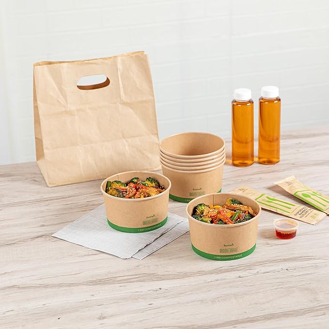 Restaurantware Compostable Paper Food Containers 200 Pack Of 34 oz BPI-Certified Round Kraft Salad Bowls Disposable Grease-Resistant Meal Prep Take Out Containers For Ice Creams, Soups, Snacks