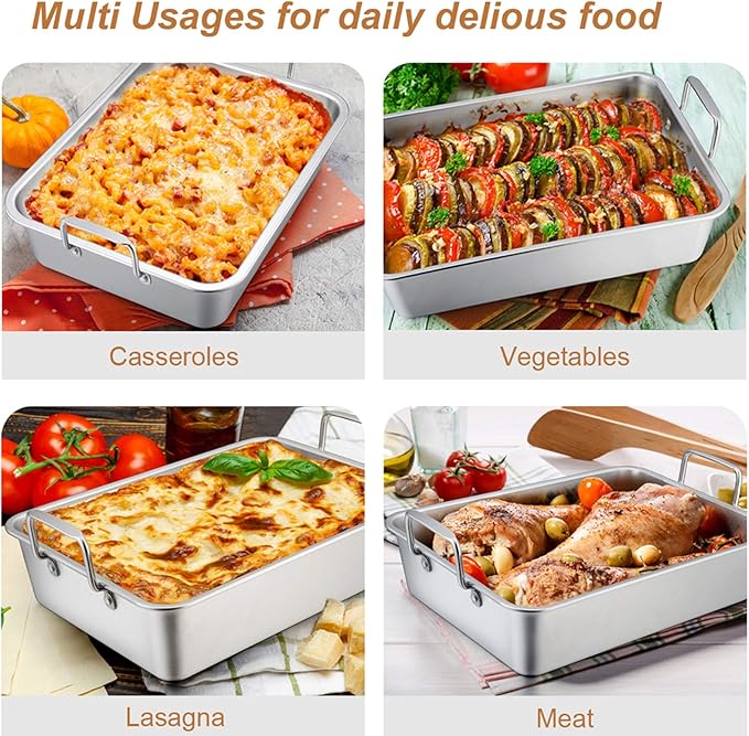 TeamFar Roasting Pan with Rack, 14 Inch Stainless Steel Turkey Roaster Lasagna Pan with V-Shaped Rack & Cooling Rack, Healthy & Sturdy, Brushed Surface & Dishwasher Safe, Rectangular - Set of 3
