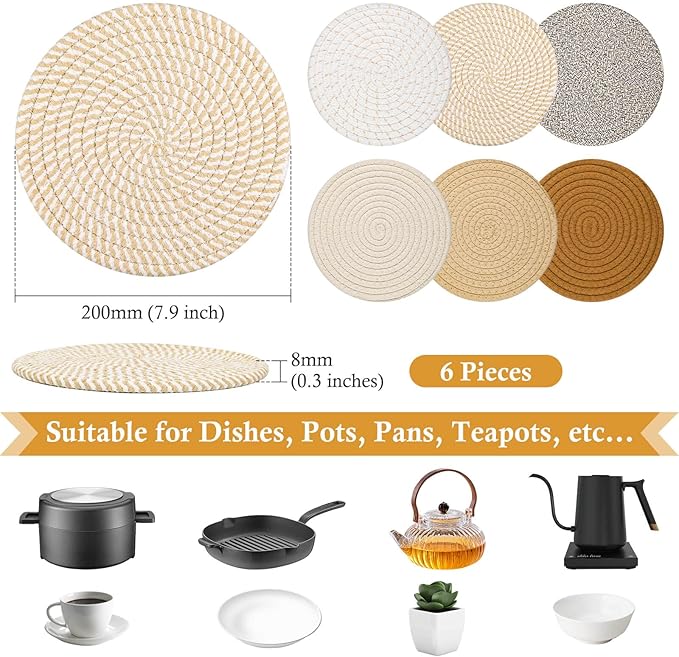 Billbotk 8"" Trivets for Hot pots and Pans, 6 Heat Resistant Hot Pads, Pot Holders for Kitchen, Hot Plate Mats for Table, Kitchen Decor for Counter, Home Essentials, Farmhouse, Brown, WT-6-2