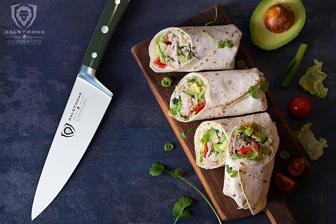 Dalstrong Chef Knife - 8 inch Blade - Gladiator Series - Forged High Carbon German Steel - Razor Sharp Kitchen Knife - Professional Full Tang Knives - Army Green Handle ABS - Sheath - NSF Certified