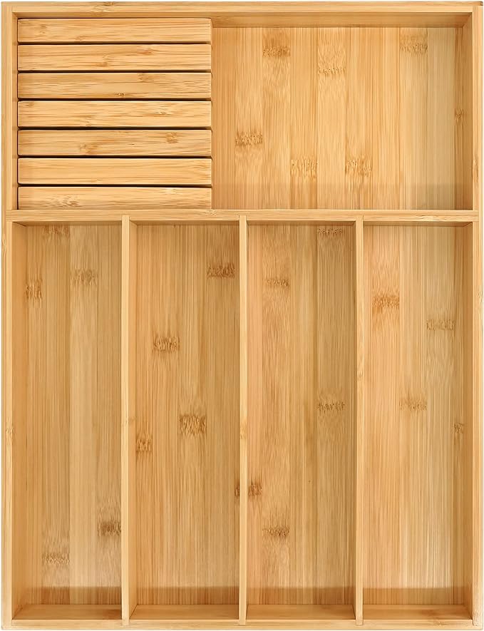 VaeFae Bamboo Silverware Organizer (Non-expandable), Utensil Holder for Drawer, Wooden Cutlery Tray with Divider for Kitchen Drawer, Utensil Organizer with Knife Block