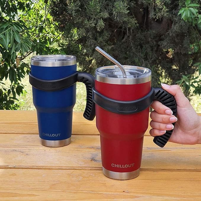 CHILLOUT LIFE Stainless Steel Travel Mug with Handle 30 oz – 6 Piece Set. Tumbler with Handle, Straw, Cleaning Brush & 2 Lids. Double Wall Insulated Large Coffee Mug Bundle (Navy Blue)