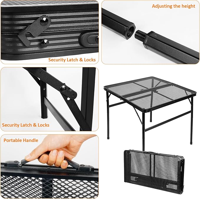 Square Folding Table with Adjustable Height (12" & 26"), Black Portable Metal Mesh Table for Camping, BBQ, Picnic, Garden, Patio & Indoor Use, Fits 2–4 People, Lightweight 7.6 lb, Supports 66 lb