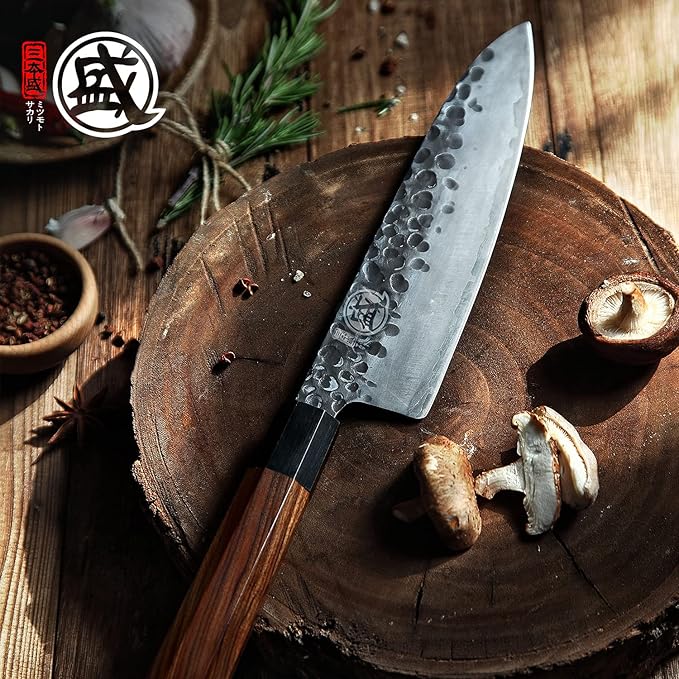 MITSUMOTO SAKARI 8 inch Gyuto Chef Knife, Japanese Hand Forged Kitchen Chef's Knives, 3-Layer 9CR18MOV High Carbon Steel, Rosewood Handle & Sandalwood Box