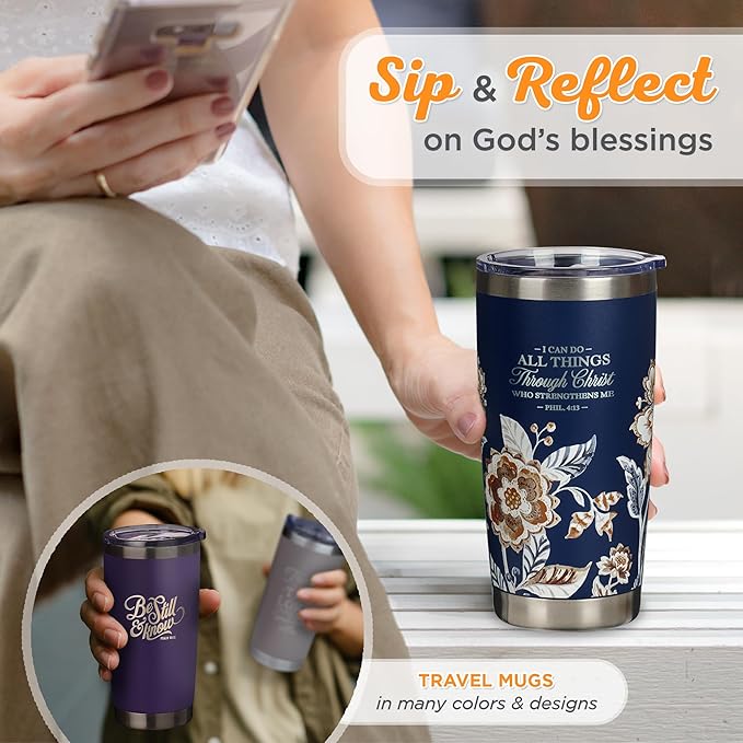 Christian Art Gifts Stainless Steel Scripture Tumbler Travel Mug for Women: All Things Through Christ Inspirational Bible Verse, Double-wall Vacuum Insulated w/Lid Hot/Cold, Navy Blue Floral, 18oz.