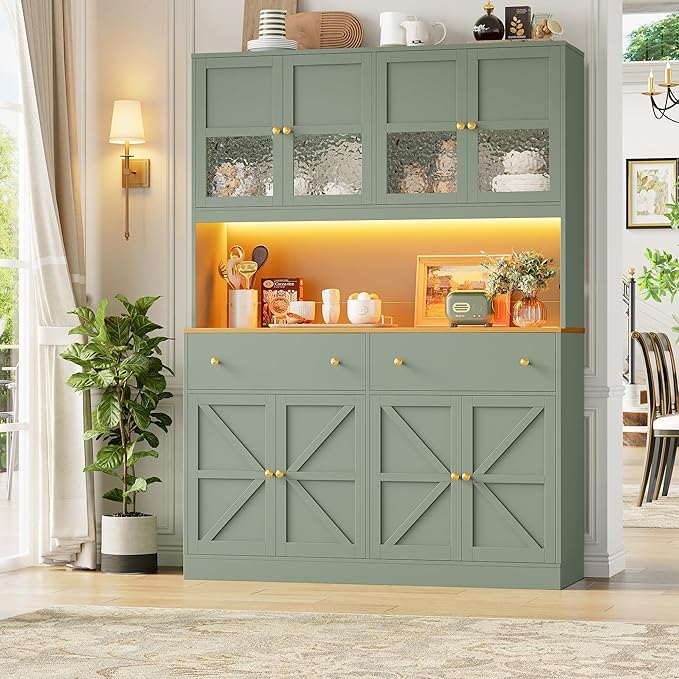 FINETONES 71" Pantry Cabinet with LED Light and Charging Station, Farmhouse Kitchen Pantry Cabinet with Microwave Stand, 47.2" Wide Kitchen Hutch Food Pantry with Open Countertop, Green