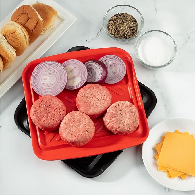 Cuisinart Grilling Prep & Serve Trays, 10.5x10.5 inch Small BBQ Tray Safe for Food Handling, 2 Dishwasher Safe Nesting Trays Black & Red, Perfect Grill Accessories for Cooked & Raw Meat, Fits 4 Burger
