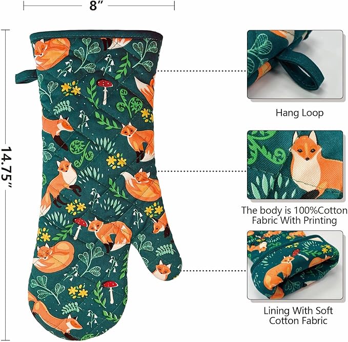 Oven Mitts Cotton Fashion Cute Fox Design 1 pair Heat Resistant Oven Gloves Safe Cooking Baking Grilling Barbecue Machine Washable (fox, oven mitts)