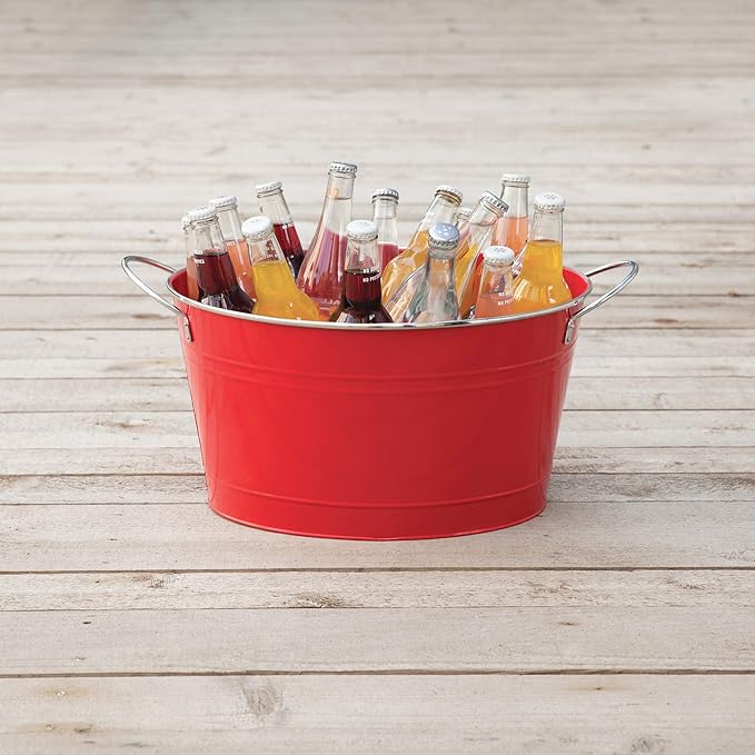 Twine Big Red Ice Bucket - Galvanized Metal Drink Beverage Tub for Home Parties, Country Home Wine And Beer Chiller, Holds 4.5 Gallons