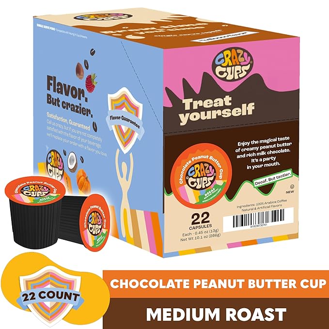 Crazy Cups Decaf Flavored Coffee Pods, Decaf Chocolate Peanut Butter Cup, Deffinated Hot or Iced Single Serve Coffee Pods for Keurig k-Cups Machine(Pack of 1, 22 Count Total)