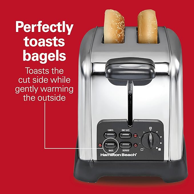 Hamilton Beach Retro Toaster with Wide Slots, Sure-Toast Technology, Bagel & Defrost Settings, Auto Boost to Lift Smaller Breads, 2 Slice, Polished Stainless Steel (22782)