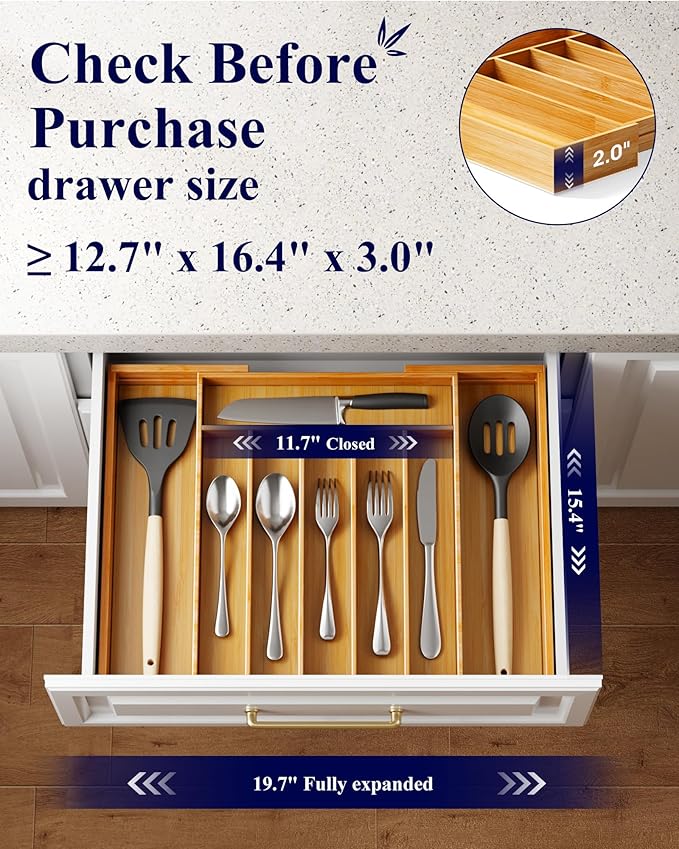 Kitsure Extra Large Bamboo Silverware Organizer - Expandable Drawer Organizer for Utensil, Cutlery and Flatware, Kitchen Storage Solution with 6 to 8 Slots, Natural, 19.7" × 15.4" × 2.0"