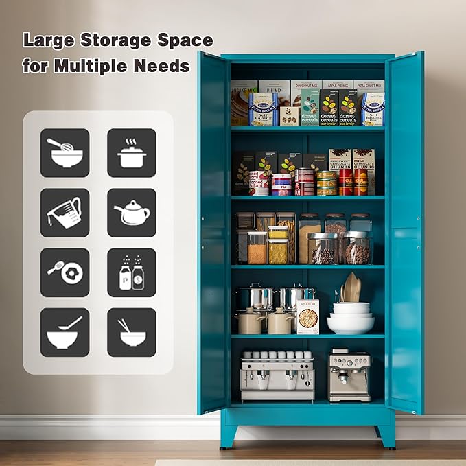 71" Tall Metal Pantry Cabinet, Kitchen Storage Cabinet with 2 Doors and 4 Adjustable Shelves for Kitchen, Living Room, Dining Room, Bathroom and Home, Office (Blue, 71" H)